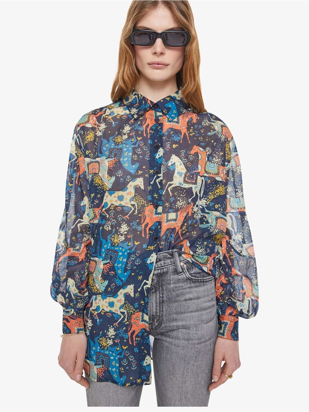Mother Denim - The Veil  Navy Horse-Print Button-Up Blouse Size Small